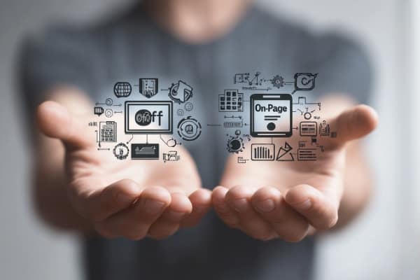 On-Page- und Off-Page-SEO-Strategien im Vergleich: Keywords vs. Backlinks.